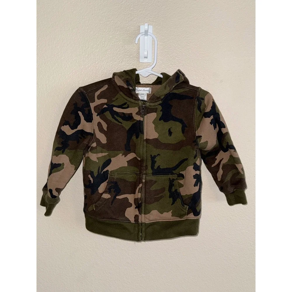 Ralph Lauren Kids Camo Zip Up Hoodie Green Camouflage Fleece Sweatshirt 24M